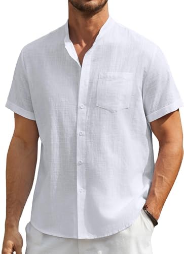 Enlision Linen Shirt Short Sleeve Shirt Men Casual Collarless Summer Henley Shirts Coton Solid Color