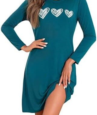 Marvmys Nightgowns Women Winter Long Sleeve Nightgown Women Cotton Sleepwear with Heart Print