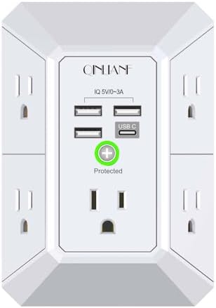 Wall Charger, Surge Protector, QINLIANF 5 Outlet Extender with 4 USB Charging Ports, 3-Sided 1680J P