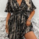 A stylish choice for summer — Plus Size V-neck Ruffle-Hem Printed Midi Dress, Short Flounce Sleeves, High-Waist A-Line