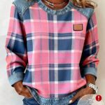 EMERY ROSE Women's Patchwork Patch Round Neck Long Sleeve Casual Loose T-Shirt