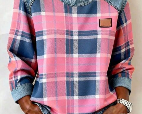 EMERY ROSE Women's Patchwork Patch Round Neck Long Sleeve Casual Loose T-Shirt