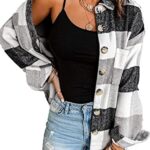HVEPUO Plaid Shirt Jacket Women Long Sleeve Shirts Flannel Buttons Shacket