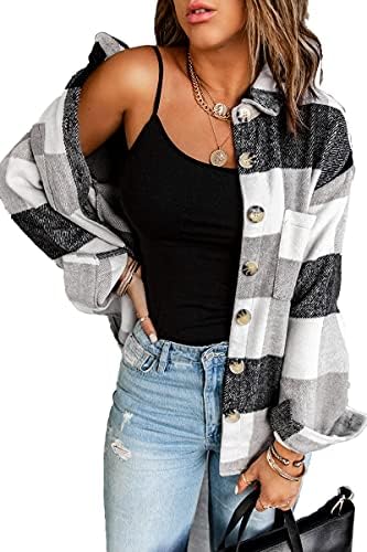 HVEPUO Plaid Shirt Jacket Women Long Sleeve Shirts Flannel Buttons Shacket