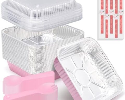 A popular pick for parties: 35-Pack Pink 8x8 in Disposable Aluminum Pans with Clear Lids — Recyclable, Includes Stickers & Spoons