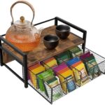 A stylish tea station organizer — Wooden 8-compartment Tea Bag Box with Top Tray & Matte Black Metal Frame, Rustic Brown
