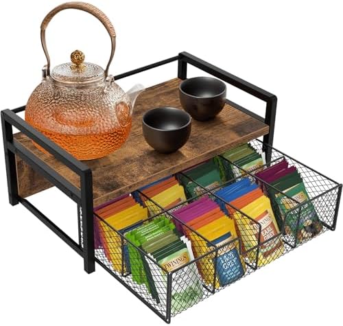A stylish tea station organizer — Wooden 8-compartment Tea Bag Box with Top Tray & Matte Black Metal Frame, Rustic Brown
