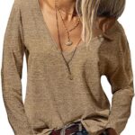 Fisoew Women's Basic V-Neck Solid Sexy Loose Long Sleeve T-Shirt