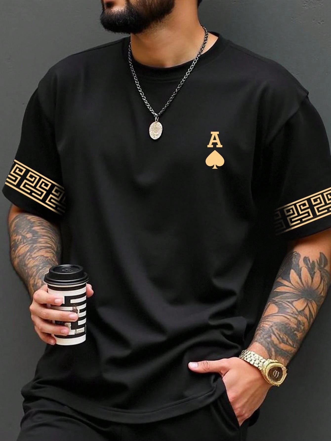 Manfinity LEGND Plus Size Men's Fashion Spade A Letter & Floral Print Short Sleeve T-Shirt, Casual M