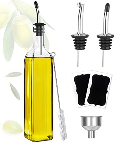 A great choice for kitchens — 17oz (500ml) Square Lead‑Free Glass Olive Oil Dispenser with 2 Stainless‑Steel Drip‑Free Pourers, Funnel & Brush
