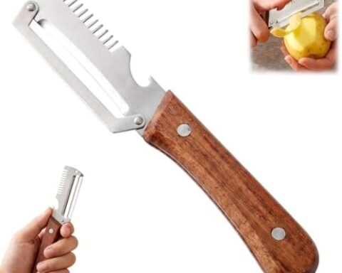 A handy option for every kitchen: Multi-Functional Vegetable Peeler with Ultra-Sharp Stainless Steel Blade, Non-Slip Wooden Handle & Bottle Opener
