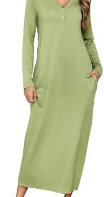Nightgowns for Women Long Sleeve Cotton Ankle Length Nightgown V-Neck Plus Size Nightgown with Pocke