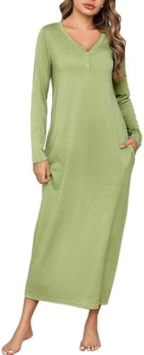 Nightgowns for Women Long Sleeve Cotton Ankle Length Nightgown V-Neck Plus Size Nightgown with Pocke