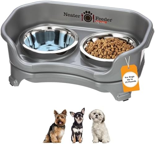 A smart pick for small dogs — Neater Feeder Express mess-proof elevated feeding station with two 1.5‑cup stainless bowls, Grey (for breeds under 15 lb)