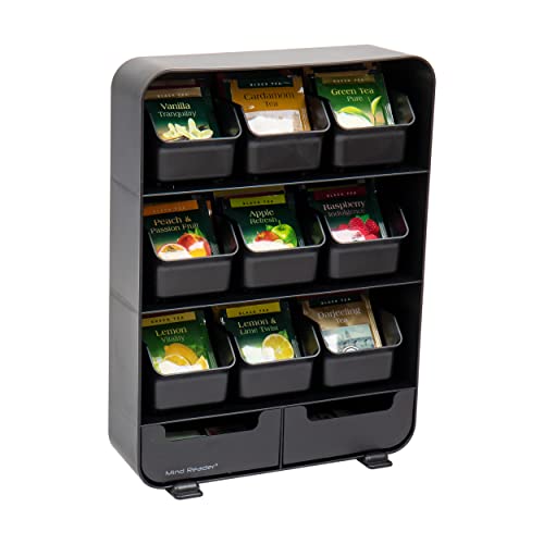 A smart pick for tidy counters — 11-Drawer Tea Bag & Condiment Organizer, Plastic Countertop Storage (10.25 x 3.25 x 13.75 in), Black