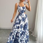 SHEIN Clasi 2025 New Fashion Printed Squared Neck Waist Belt Hollow Backless Lace-Up Casual Vacation