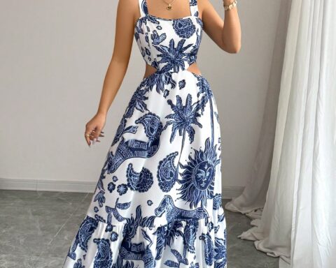 SHEIN Clasi 2025 New Fashion Printed Squared Neck Waist Belt Hollow Backless Lace-Up Casual Vacation