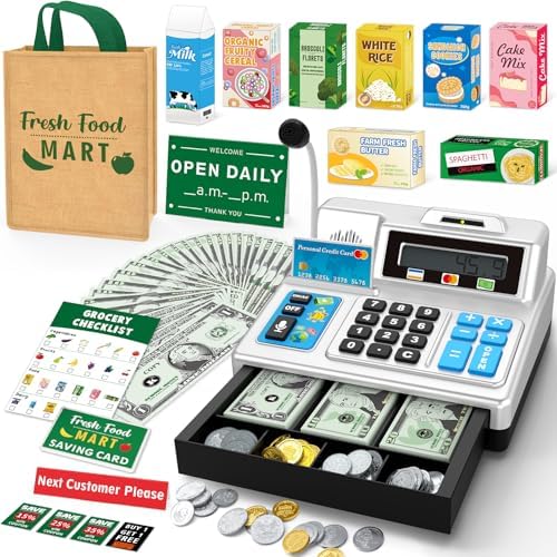A fun STEM choice for kids: 120‑pc Calculator Cash Register Playset with Microphone, Toy Money & Grocery Boxes (Ages 3–8, Silver)