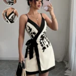 Elenzga Sexy & Elegant Wrap Front V-Neck Printed Women Short Dress