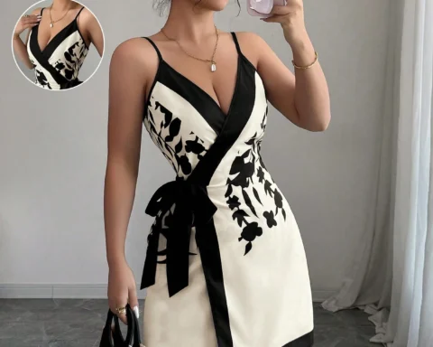 Elenzga Sexy & Elegant Wrap Front V-Neck Printed Women Short Dress
