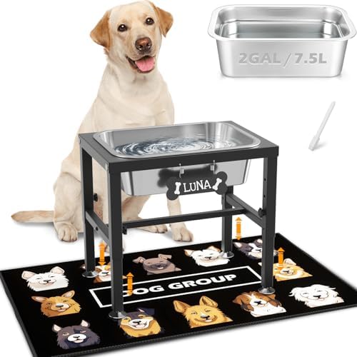 A smart pick for large breeds: 2 Gallon 4-Height Adjustable Elevated Dog Water Bowl (9.4-14.2") with Stainless Steel Bowl, Spill-Proof Mat & Metal Stand