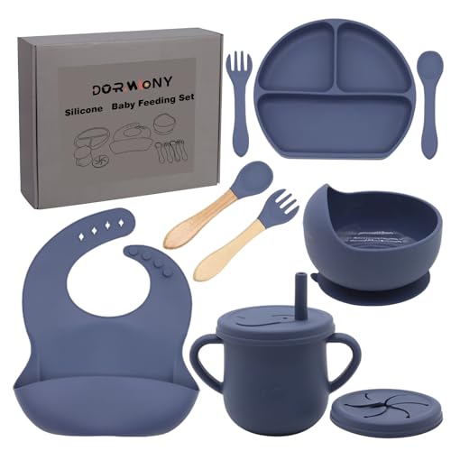 A smart pick for self-feeding babies — 9‑Piece 100% Food‑Grade Silicone Feeding Set, BPA‑Free, Suction Plate & Bowl, Utensils, Sippy Cup & Bib (Navy)