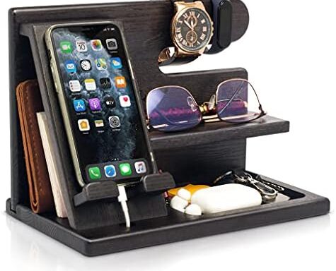 TESLYAR Wood Phone Docking Station for Men - Desktop or Nightstand Organizer - Birthday Gifts for Me