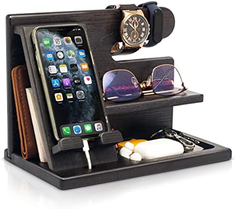 TESLYAR Wood Phone Docking Station for Men - Desktop or Nightstand Organizer - Birthday Gifts for Me