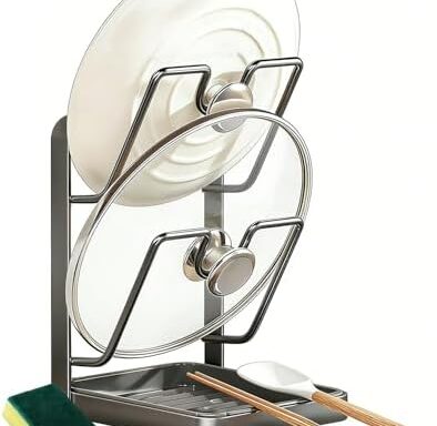 A smart pick for tidy counters: Carbon-steel Pot Lid & Spoon Holder with Removable Drip Tray — Countertop Organizer for Lids, Cutting Boards & Ladles