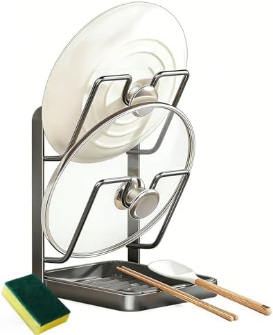 A smart pick for tidy counters: Carbon-steel Pot Lid & Spoon Holder with Removable Drip Tray — Countertop Organizer for Lids, Cutting Boards & Ladles