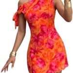 A stylish way to stand out: Women's One-Shoulder Floral Bodycon Mini Dress — Asymmetrical Knot & Lined Stretch