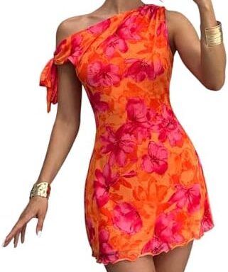 A stylish way to stand out: Women's One-Shoulder Floral Bodycon Mini Dress — Asymmetrical Knot & Lined Stretch
