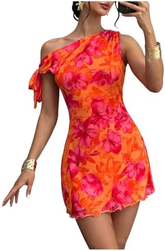 A stylish way to stand out: Women's One-Shoulder Floral Bodycon Mini Dress — Asymmetrical Knot & Lined Stretch