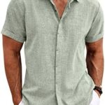 Men's Linen Shirts Short Sleeve Casual Shirts Button Down Shirt for Men Beach Summer Wedding Shirt