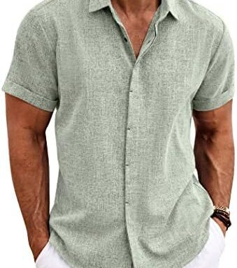 Men's Linen Shirts Short Sleeve Casual Shirts Button Down Shirt for Men Beach Summer Wedding Shirt