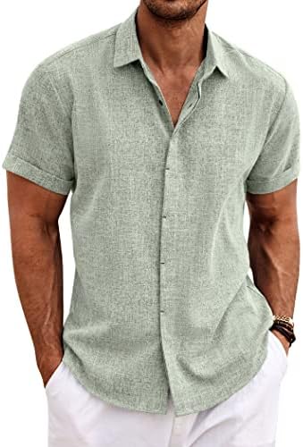 Men's Linen Shirts Short Sleeve Casual Shirts Button Down Shirt for Men Beach Summer Wedding Shirt