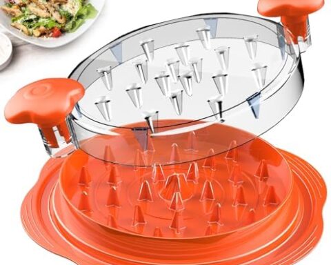 A handy option for pulled meats - Large Twist Chicken Shredder with Visible Lid, Brush & Fork, Anti-Slip Base, BPA-Free (Orange)