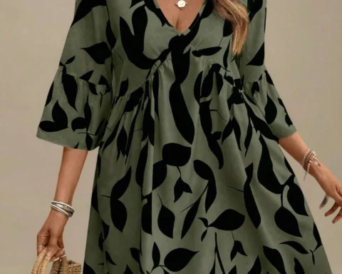 A go-anywhere pick for vacation: Plus-Size Plant-Print V‑Neck A-Line Dress with Flounce Sleeves