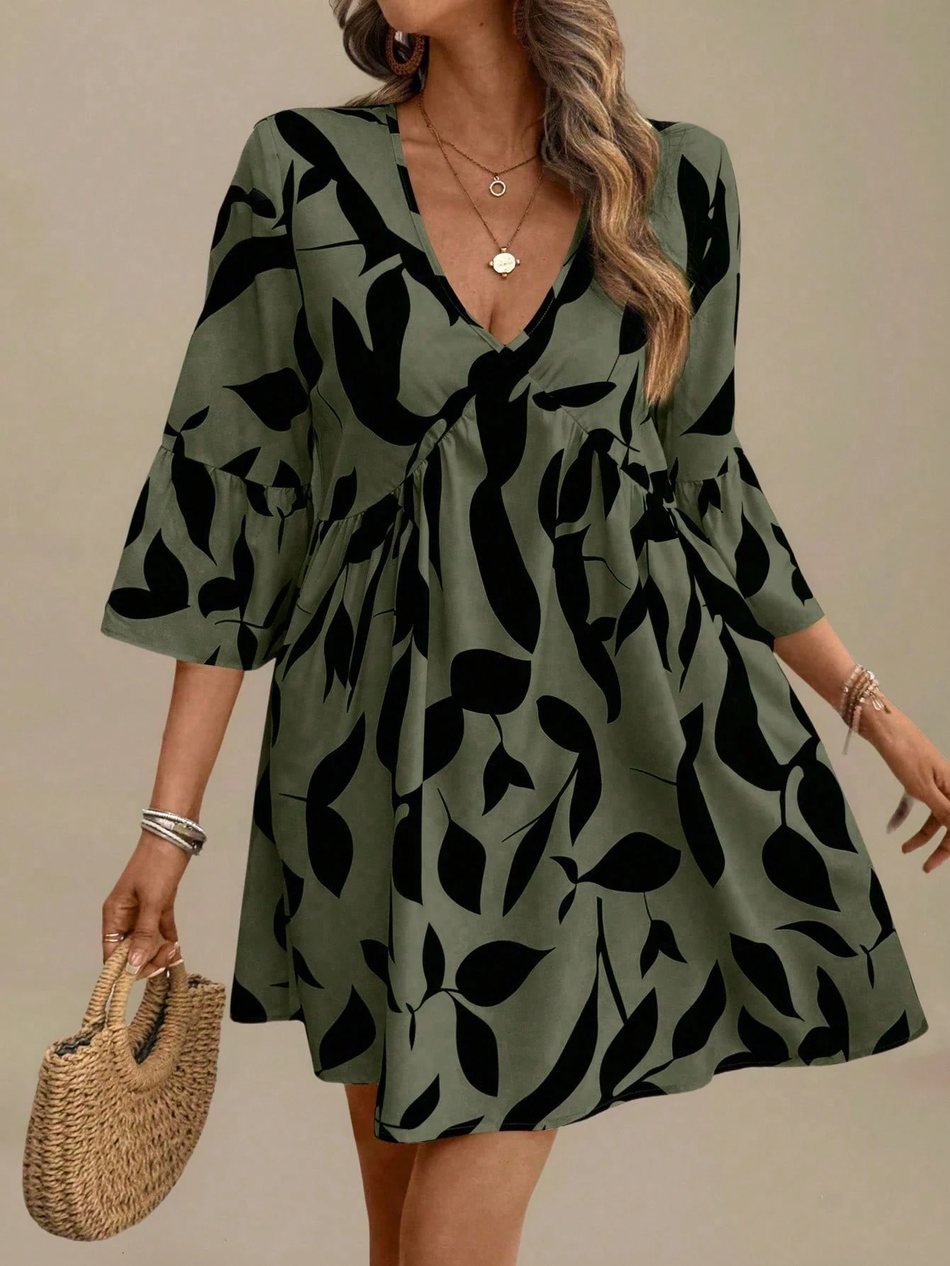 A go-anywhere pick for vacation: Plus-Size Plant-Print V‑Neck A-Line Dress with Flounce Sleeves