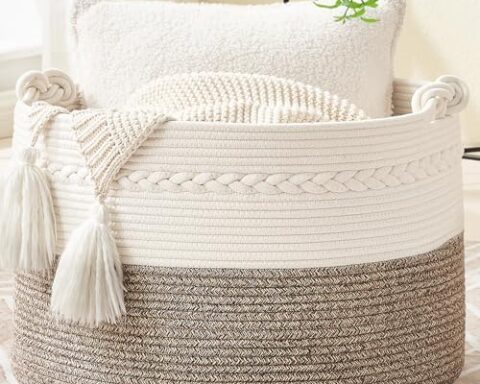 A stylish way to organize — Large 100% Cotton Rope Woven Basket (20 x 20 x 13 in) for Blankets, Laundry & Toys, White/Beige