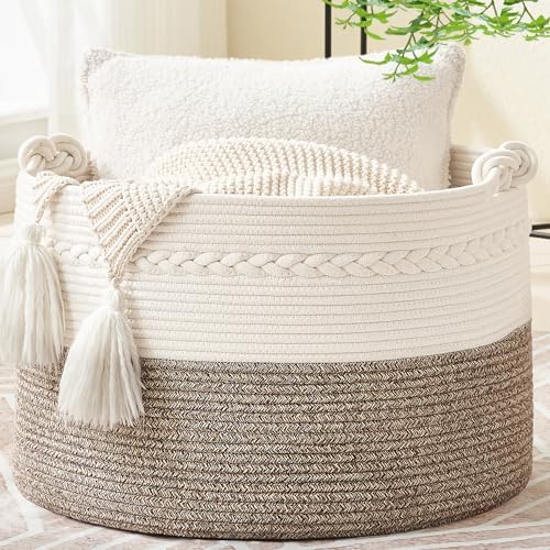 A stylish way to organize — Large 100% Cotton Rope Woven Basket (20 x 20 x 13 in) for Blankets, Laundry & Toys, White/Beige