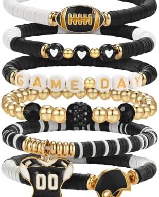 A popular pick for Game-Day Football Charm Bracelet — Stackable Heishi Beaded Stretch Bracelet for Moms, Dads, Coaches & Fans