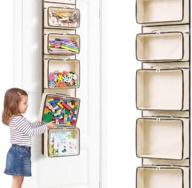 A smart pick for craft rooms — Over-the-Door Hanging Organizer, 5 Clear Pockets for Art & School Supplies, Beige