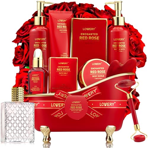 A thoughtful gift for her - 11-piece Red Rose Spa Bath & Body Gift Basket with Perfume, Jade Roller & Quartz Gua Sha