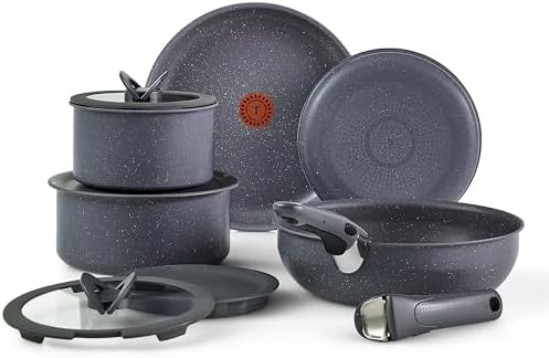 T-fal Ingenio Essentials Cookware Set with Detachable/Removable Handle 11 Piece, Granite Titanium Non Stick, Oven Broiler Safe 500F, Stackable, Pots and Pans Set, Frying Pans, Dishwasher Safe, Gray