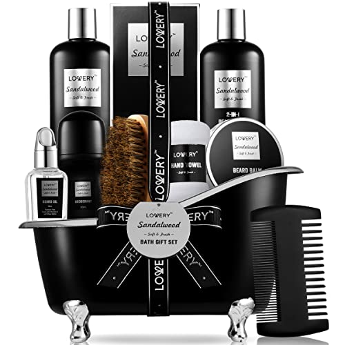 A thoughtful gift for Dad - 11‑Piece Sandalwood Beard & Body Grooming Set for Men (Wash, Conditioner, Balm, Growth Oil, Shower Gel, Bath Salts)
